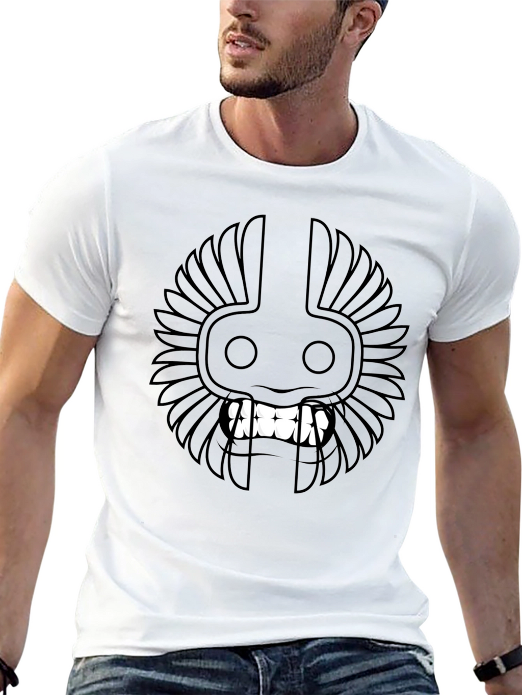 Black T-Shirt with Tribal Mask Design
