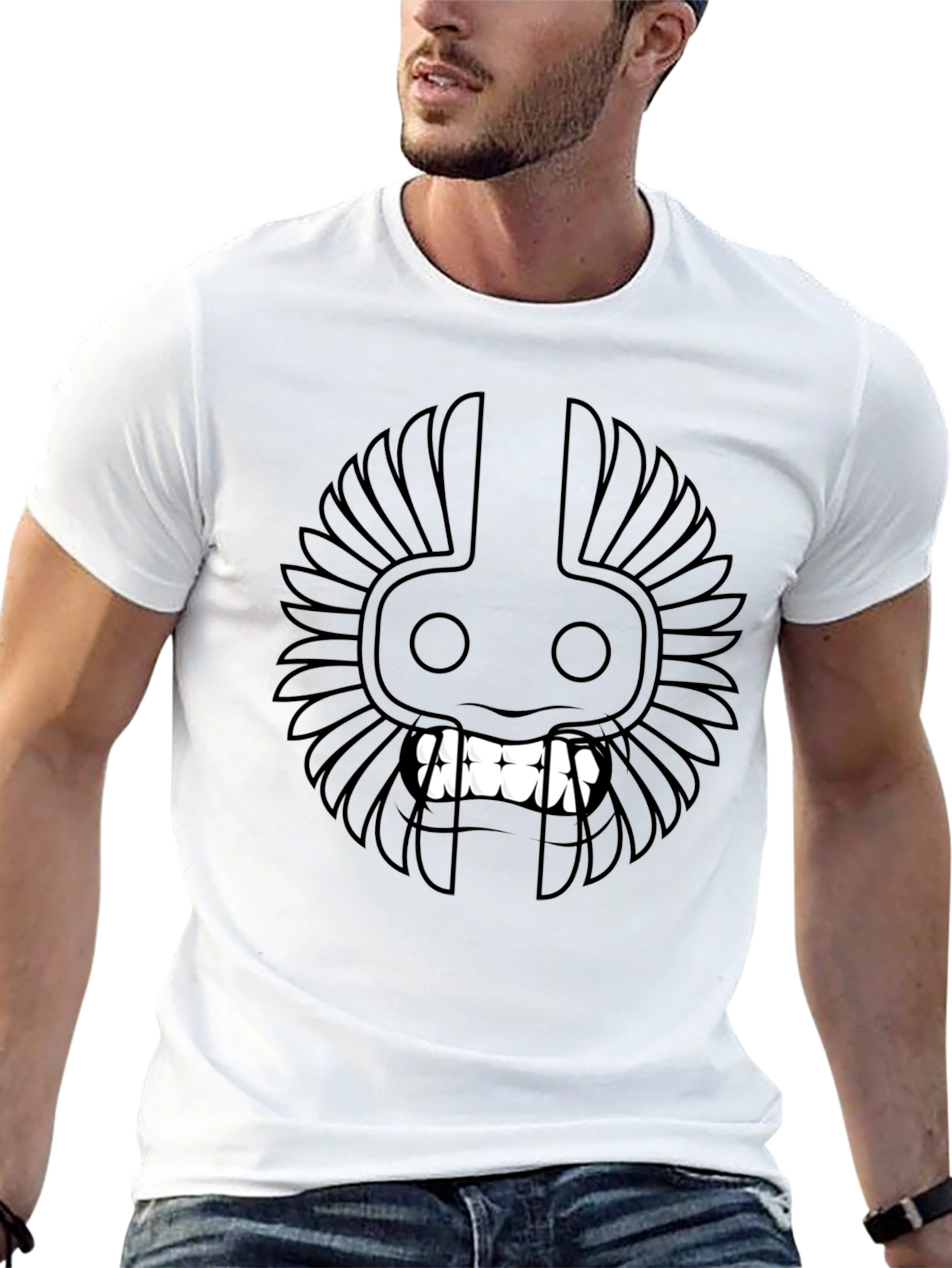 Black T-Shirt with Tribal Mask Design