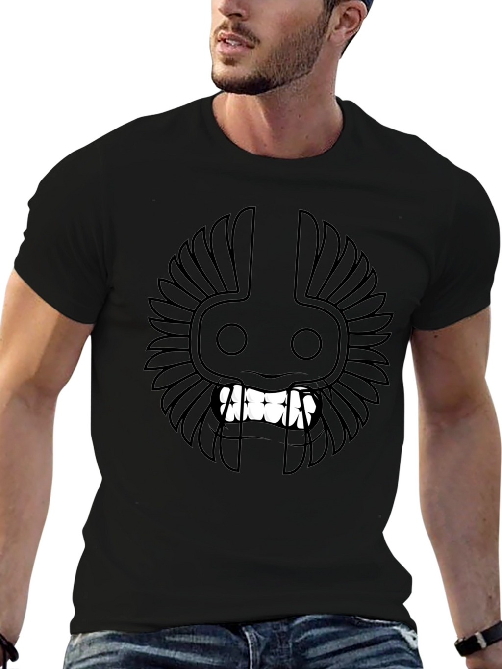 Black T-Shirt with Tribal Mask Design