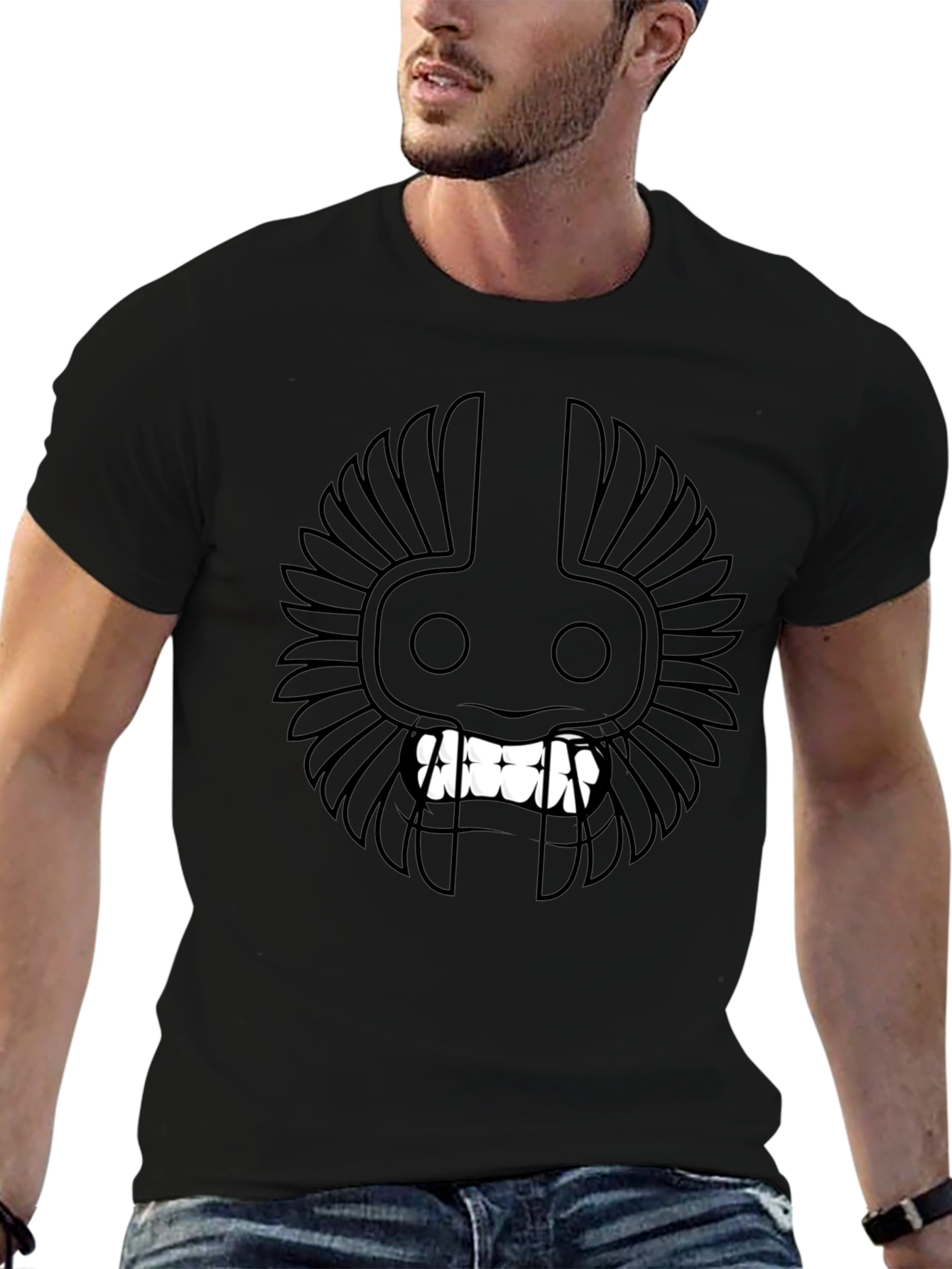 Black T-Shirt with Tribal Mask Design