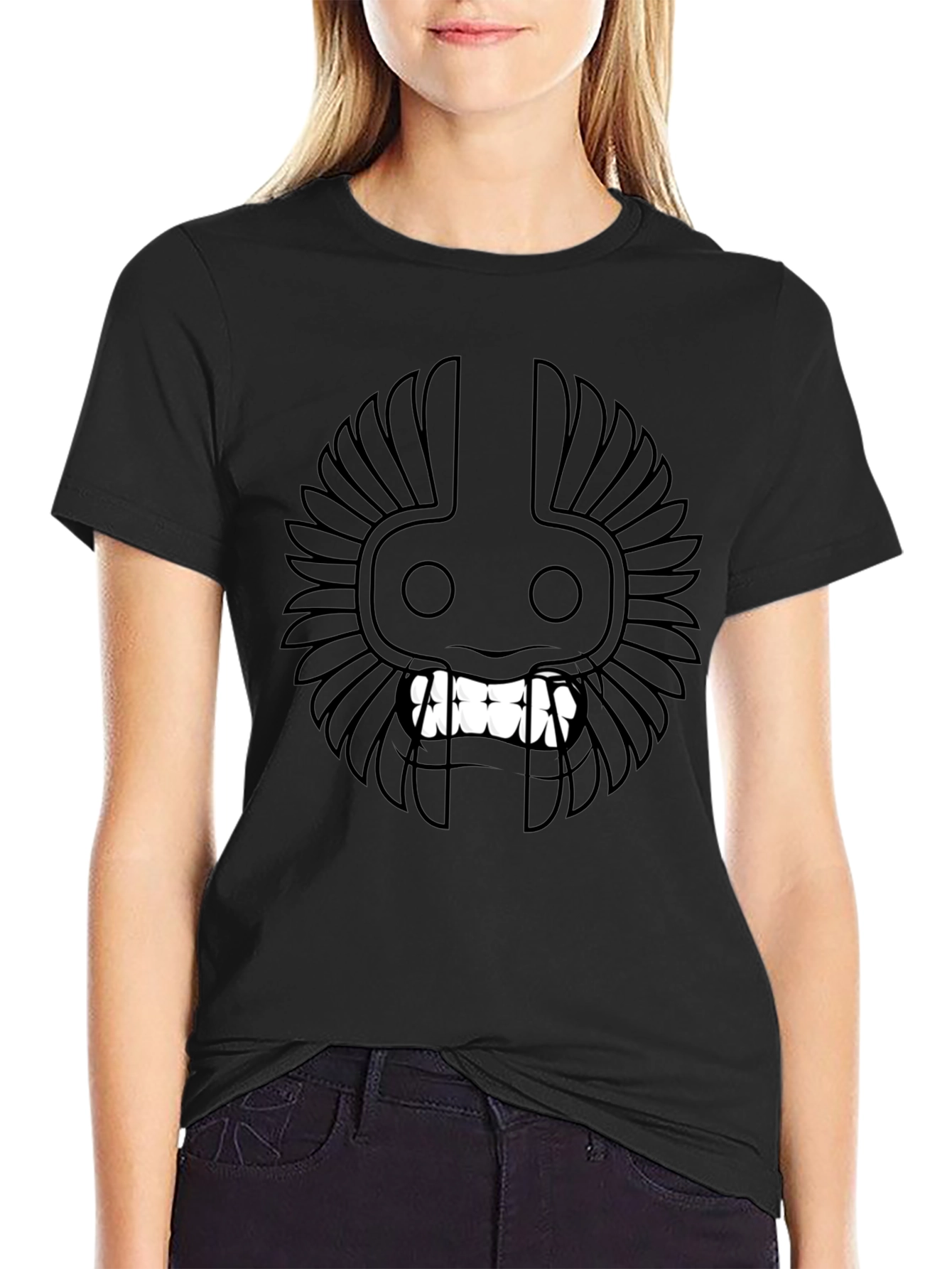 Black T-Shirt with Tribal Mask Design