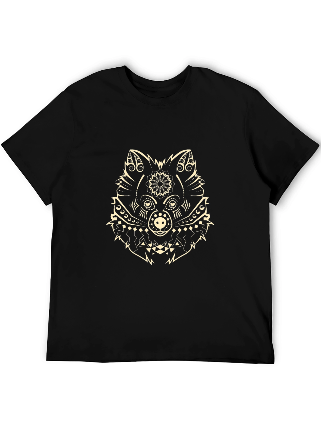 Black Tee with Geometric Wolf Design