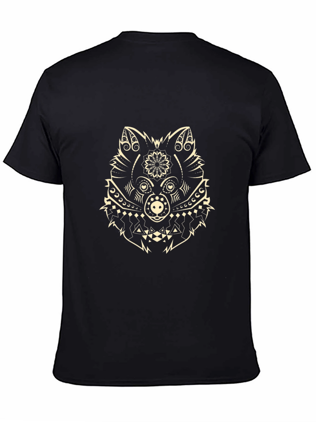 Black Tee with Geometric Wolf Design