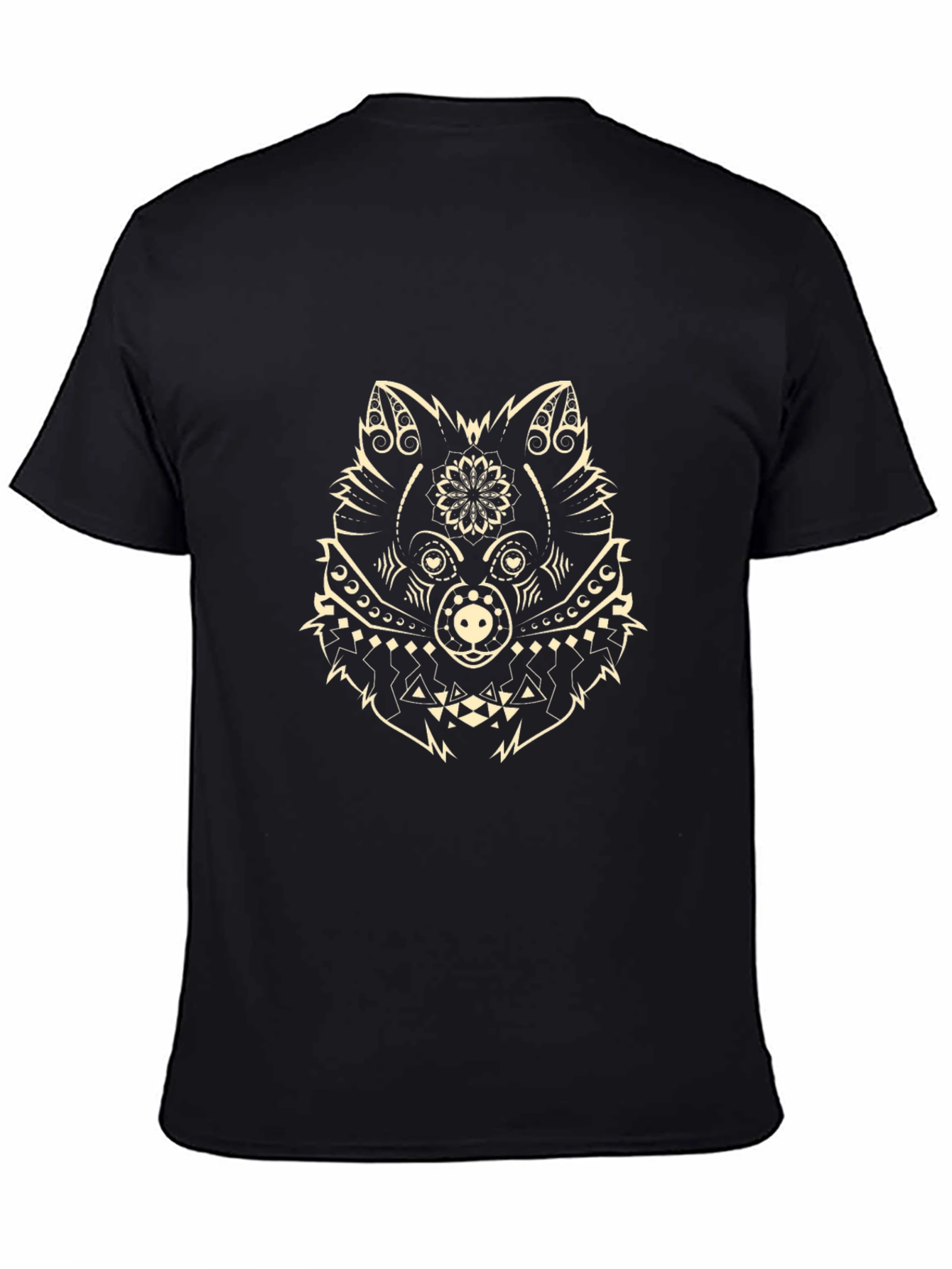 Black Tee with Geometric Wolf Design