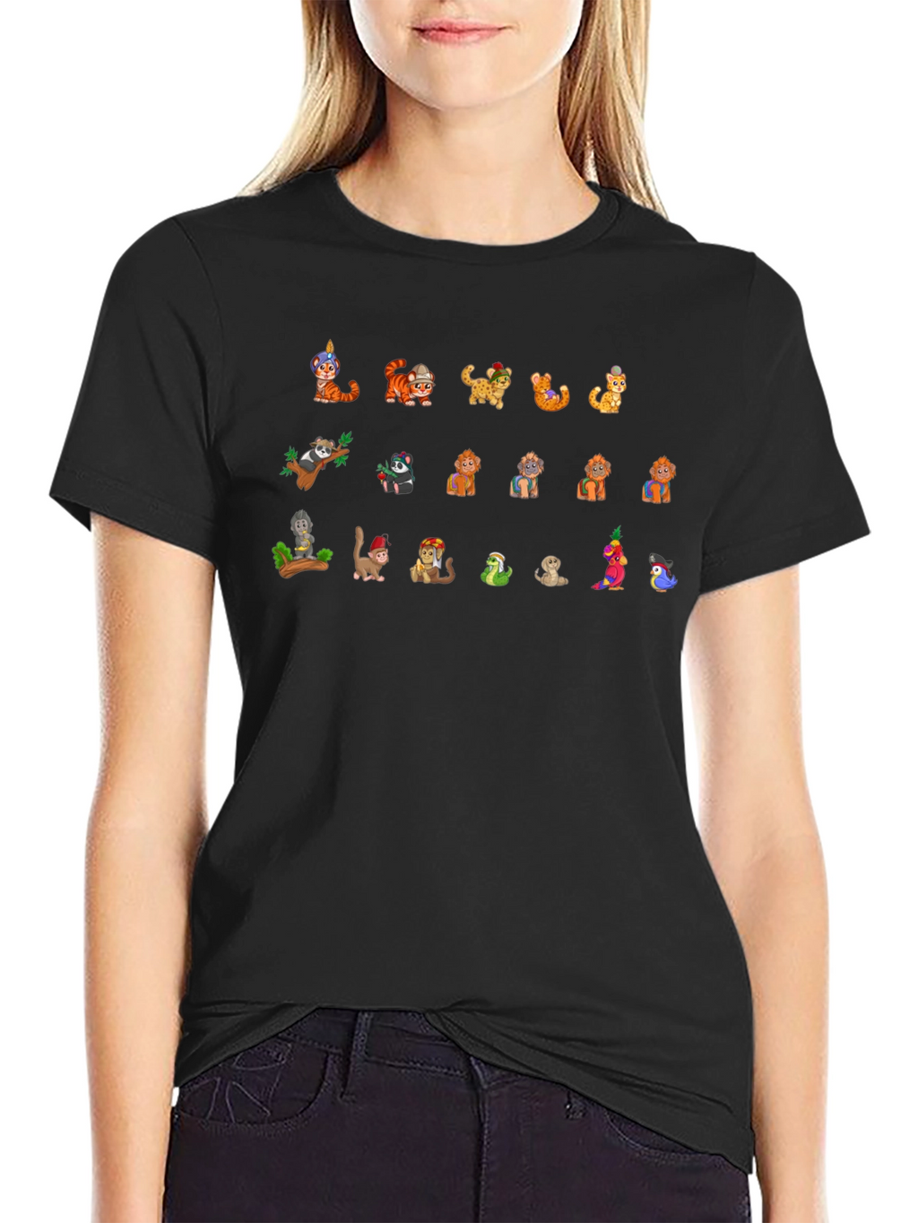 Cartoon Animal Print Black T-Shirt