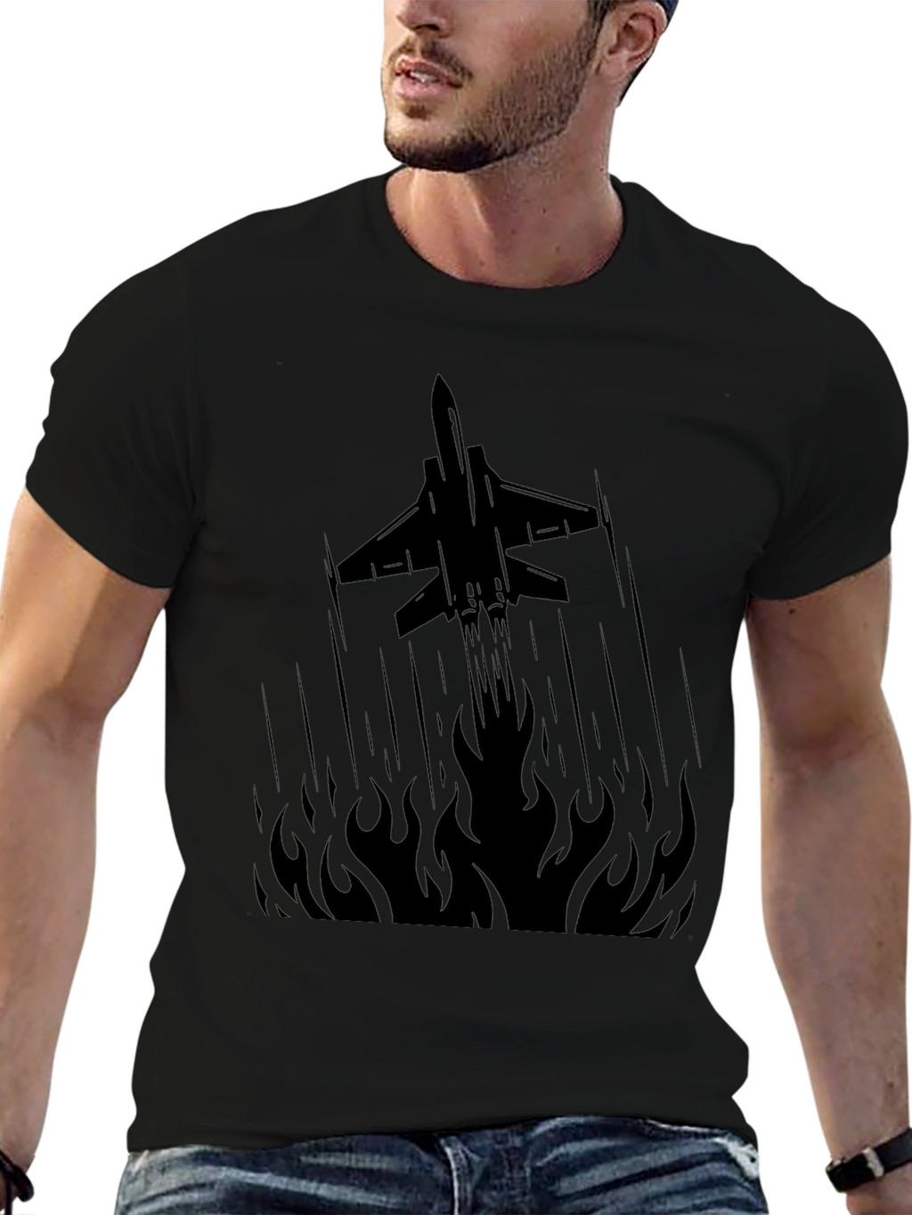 Jet Plane Flames Graphic Tee - Black Cotton T-Shirt