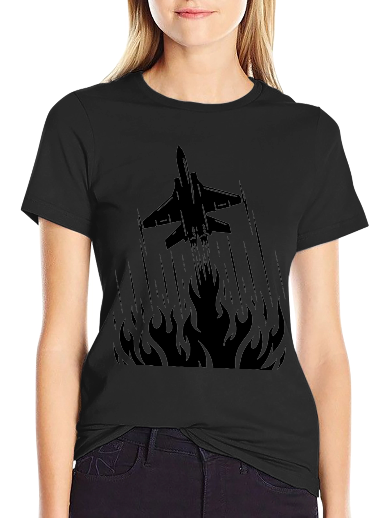 Jet Plane Flames Graphic Tee - Black Cotton T-Shirt