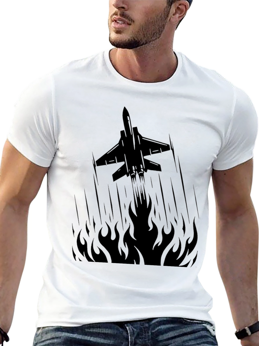 Jet Plane Flames Graphic Tee - Black Cotton T-Shirt