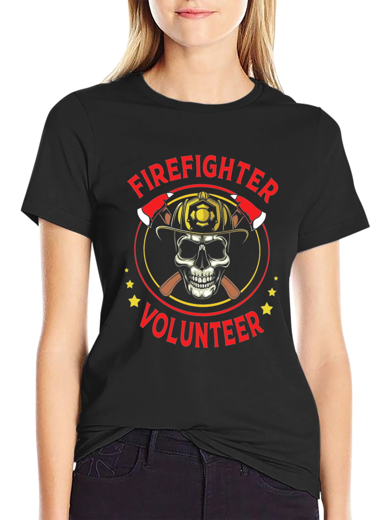 Firefighter Volunteer Skull Graphic Tee - Black Cotton Shirt