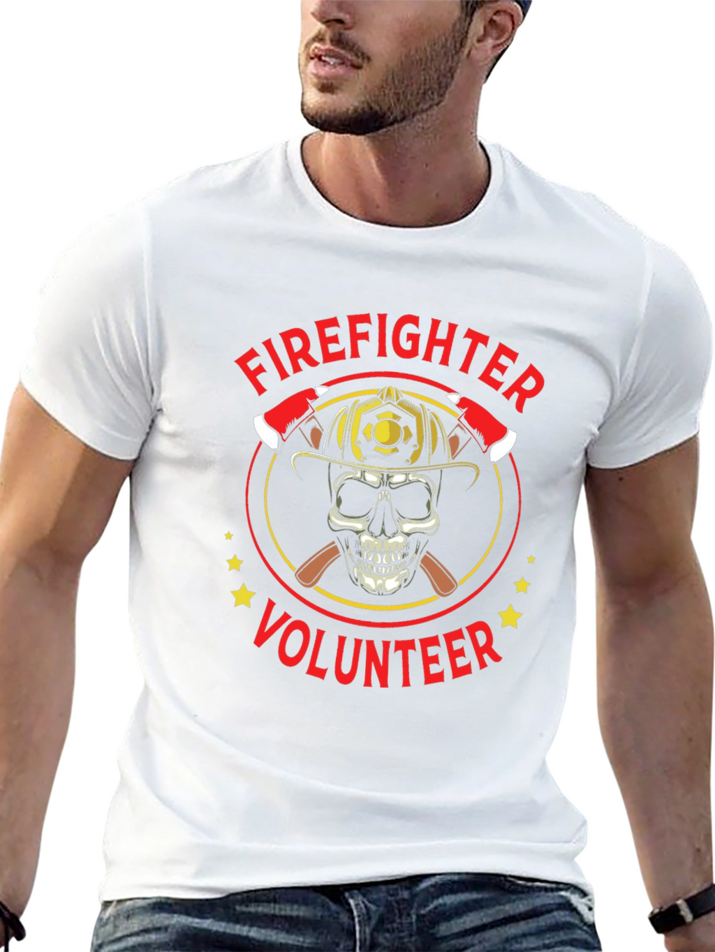 Firefighter Volunteer Skull Graphic Tee - Black Cotton Shirt