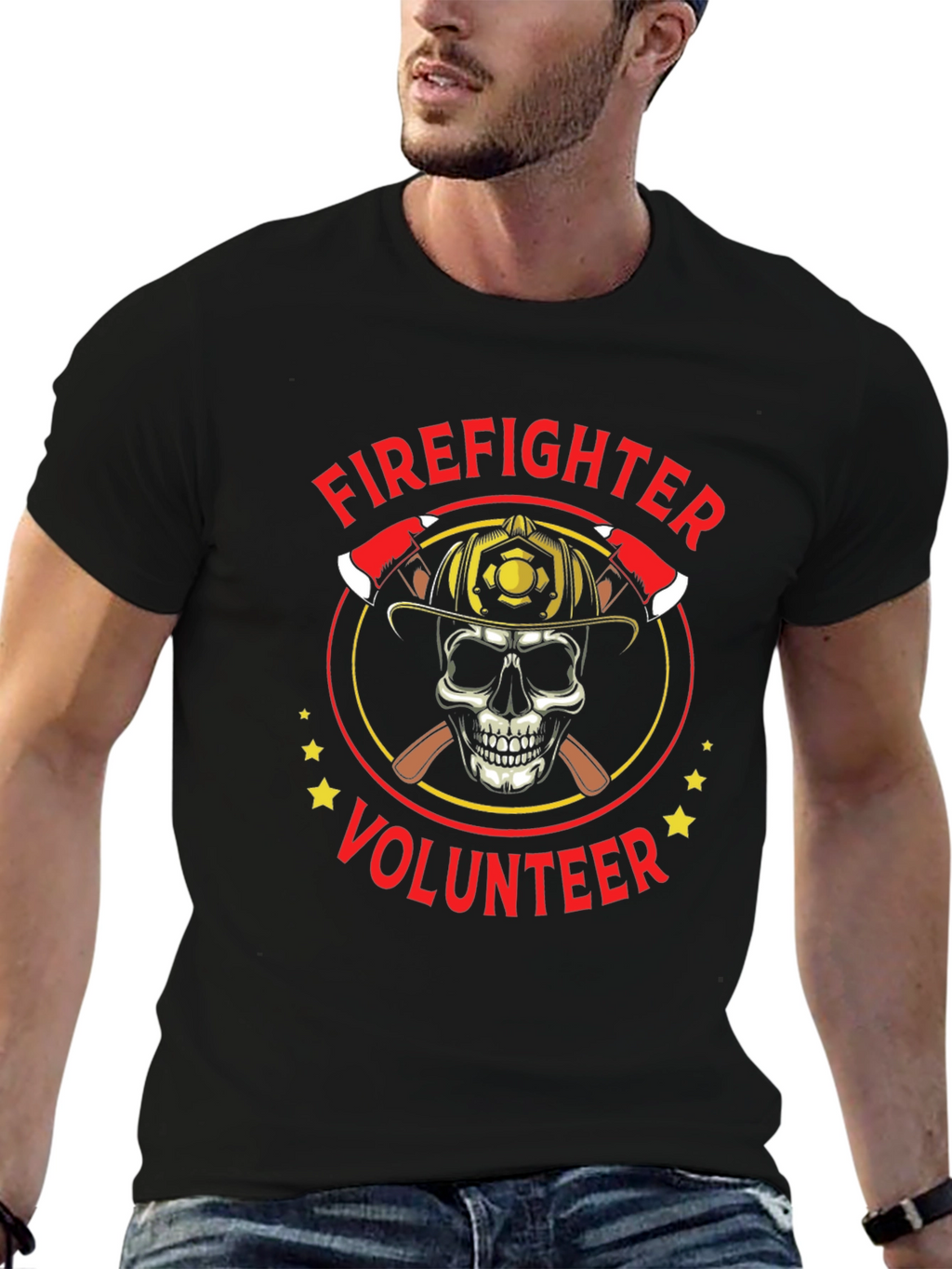 Firefighter Volunteer Skull Graphic Tee - Black Cotton Shirt