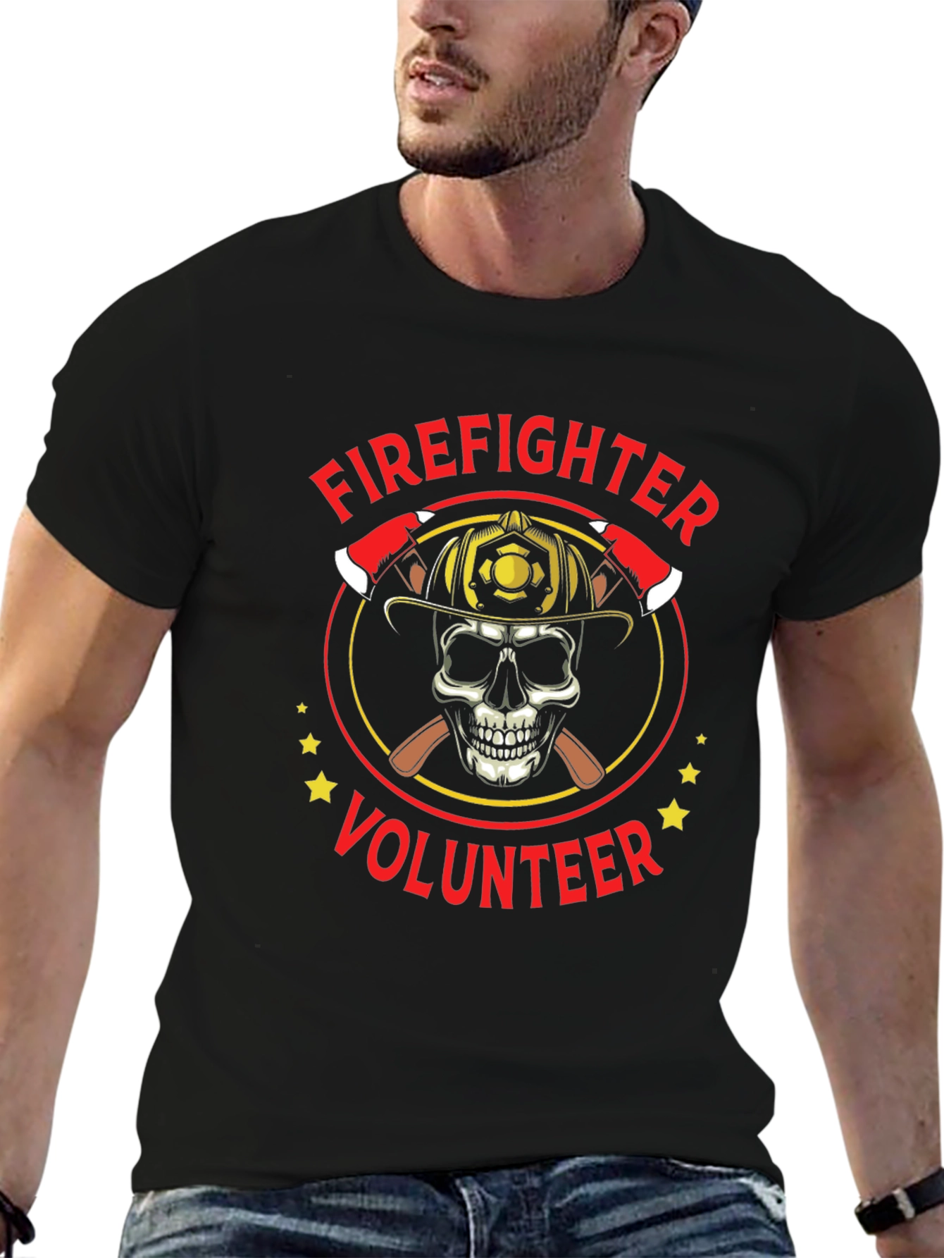 Firefighter Volunteer Skull Graphic Tee - Black Cotton Shirt