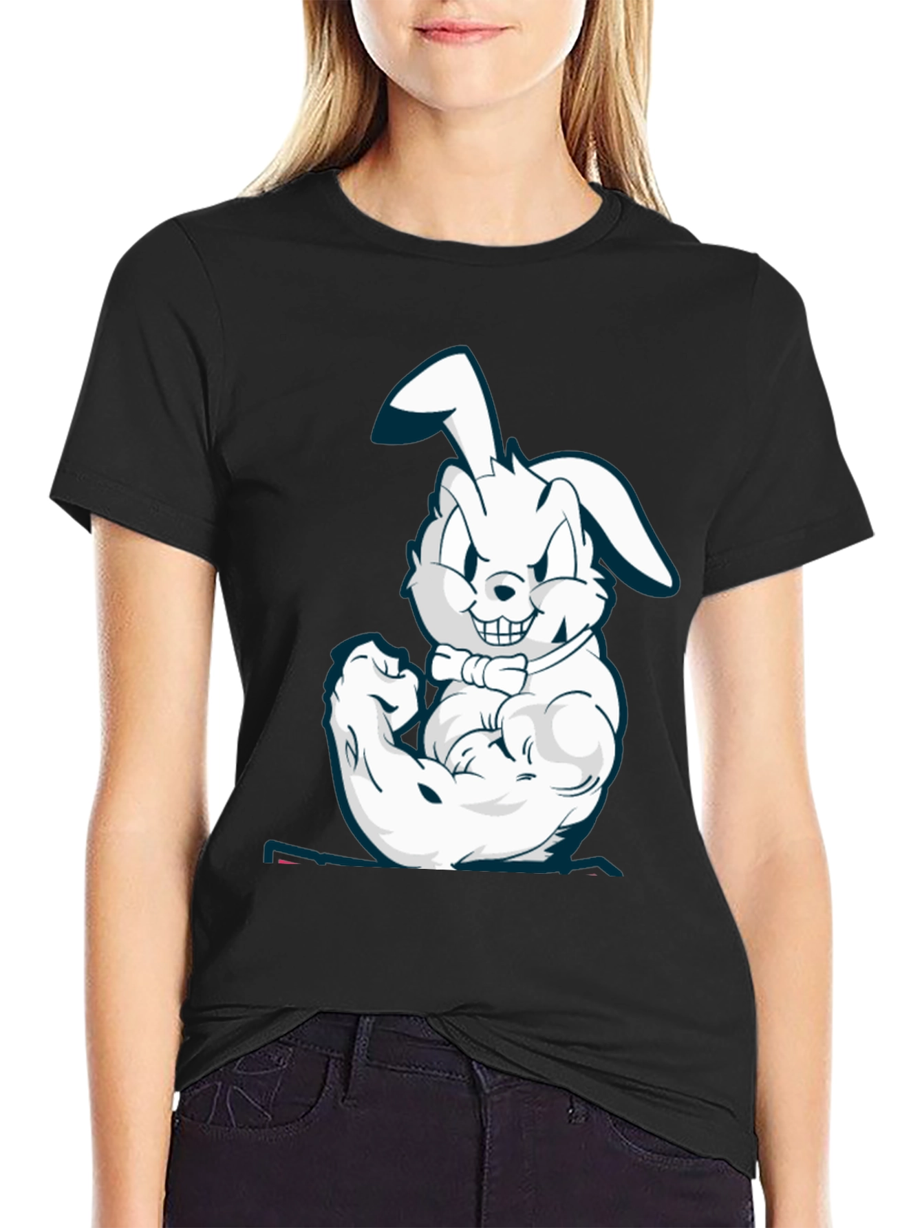Muscle Bunny Graphic Tee - Black Cotton T-Shirt