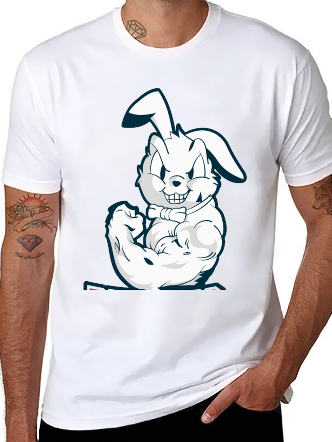 Muscle Bunny Graphic Tee - Black Cotton T-Shirt