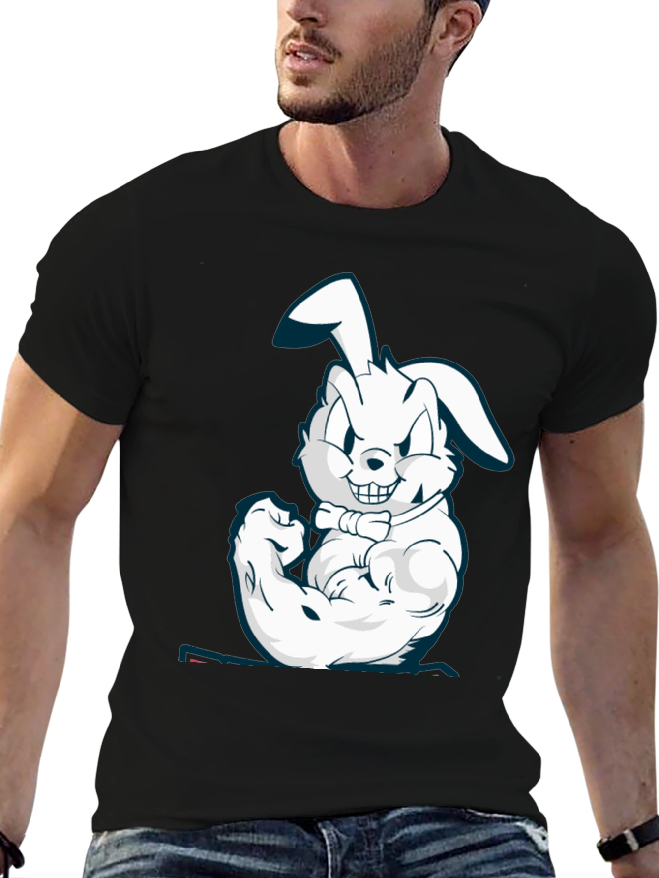 Muscle Bunny Graphic Tee - Black Cotton T-Shirt