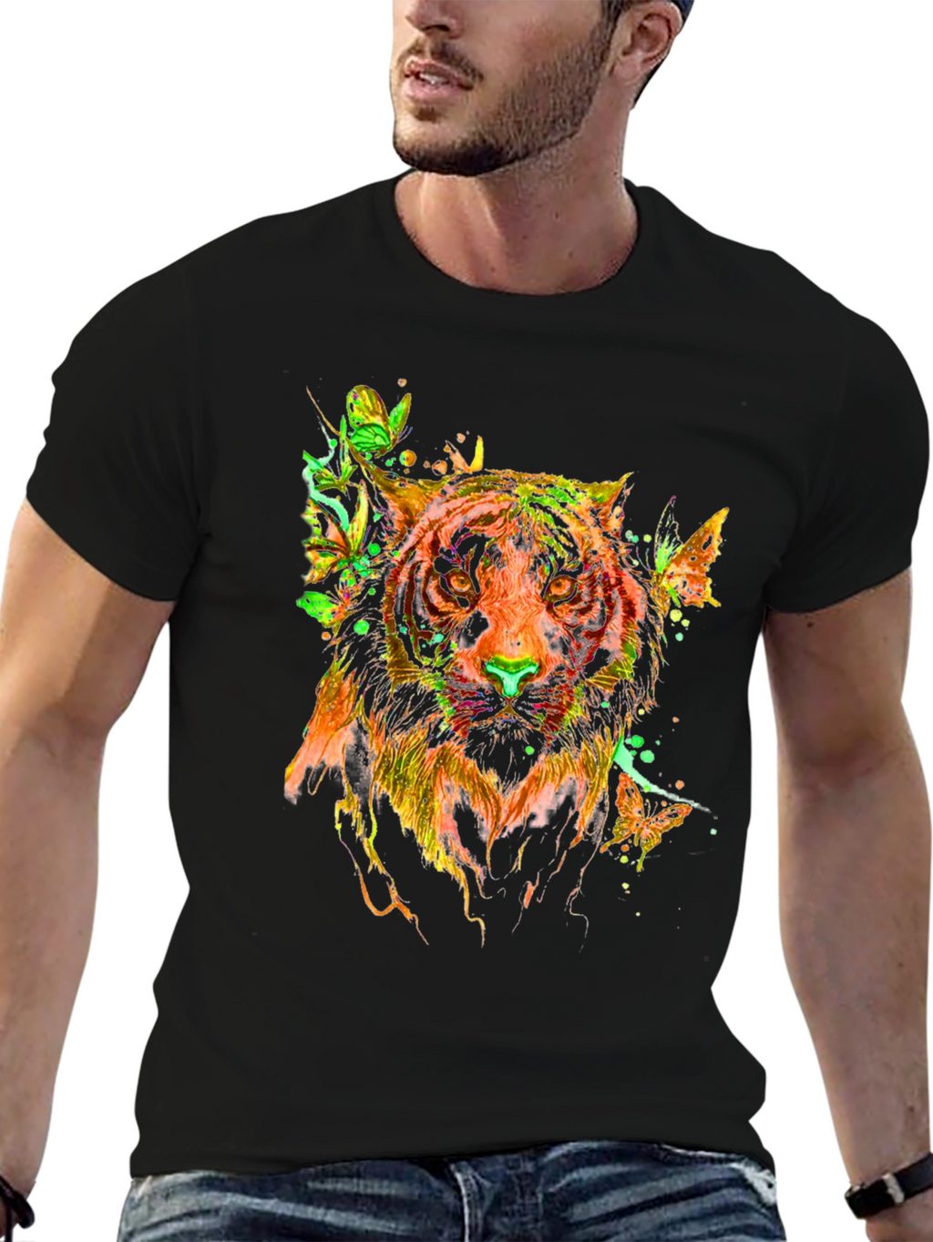 Vibrant Tiger Butterfly Graphic T-Shirt - Stylish Mens Tee