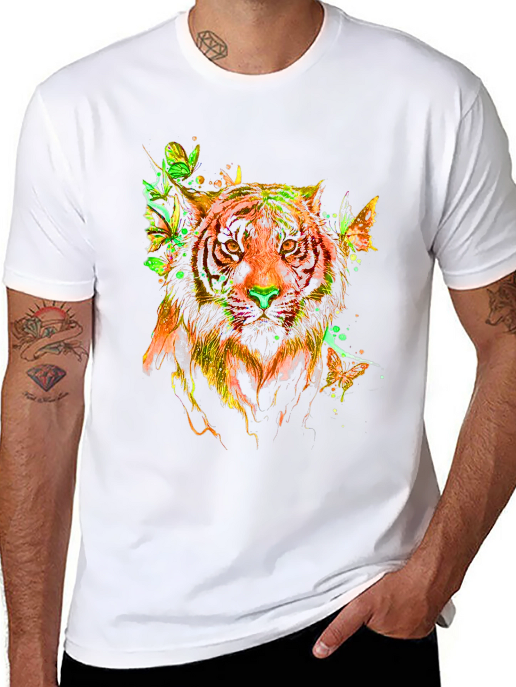 Vibrant Tiger Butterfly Graphic T-Shirt - Stylish Mens Tee