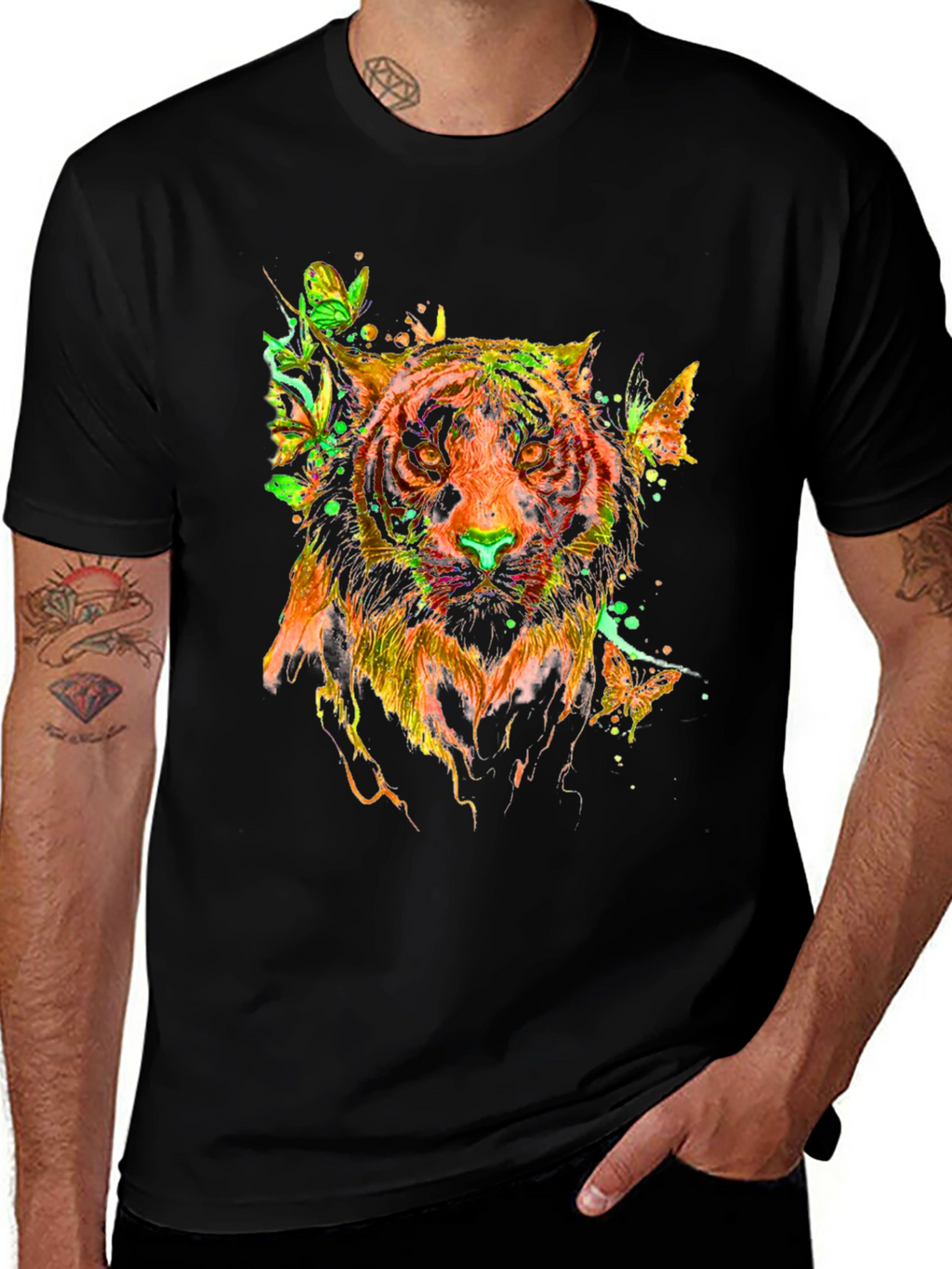 Vibrant Tiger Butterfly Graphic T-Shirt - Stylish Mens Tee
