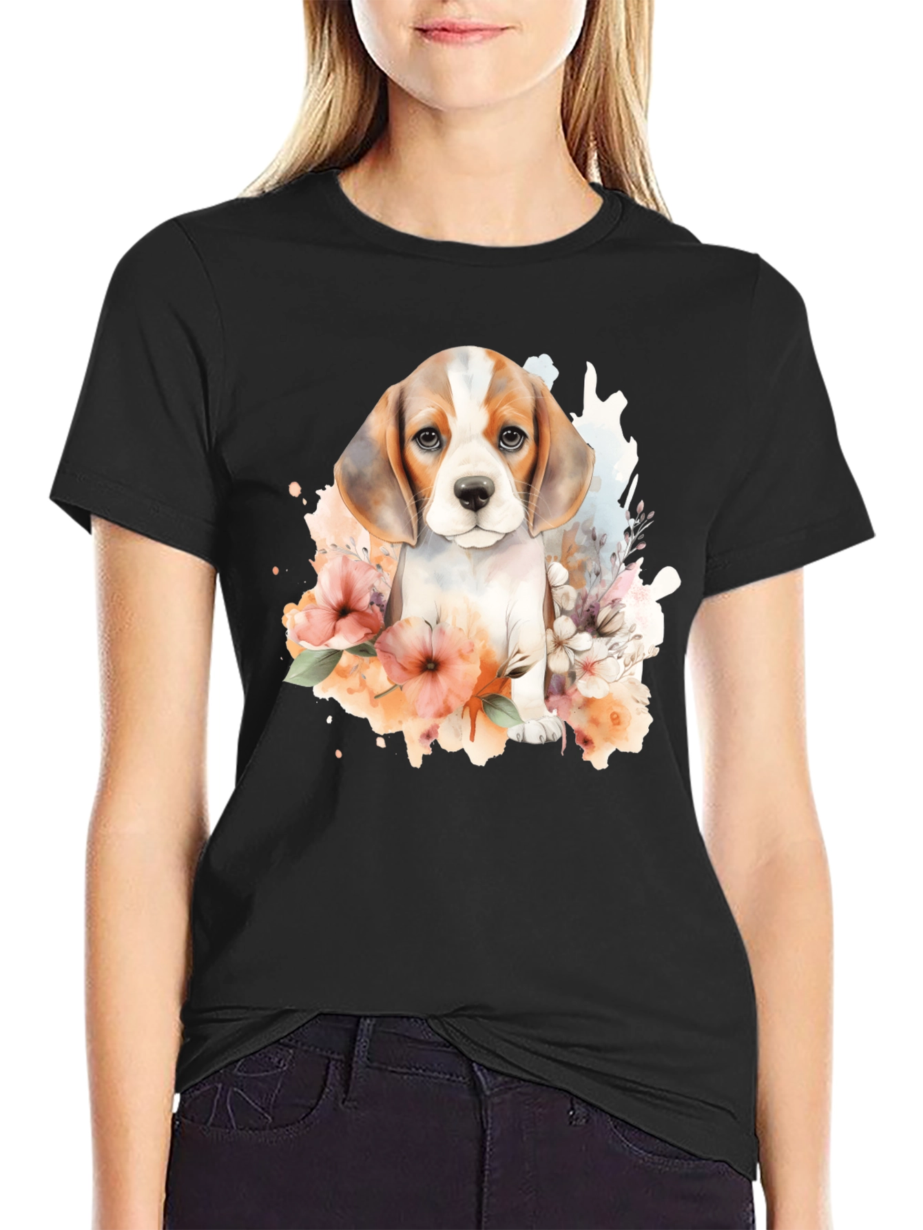 Beagle Puppy Watercolor Art Black T-Shirt