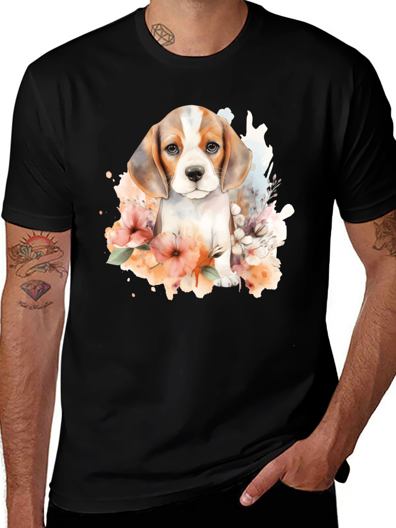 Beagle Puppy Watercolor Art Black T-Shirt