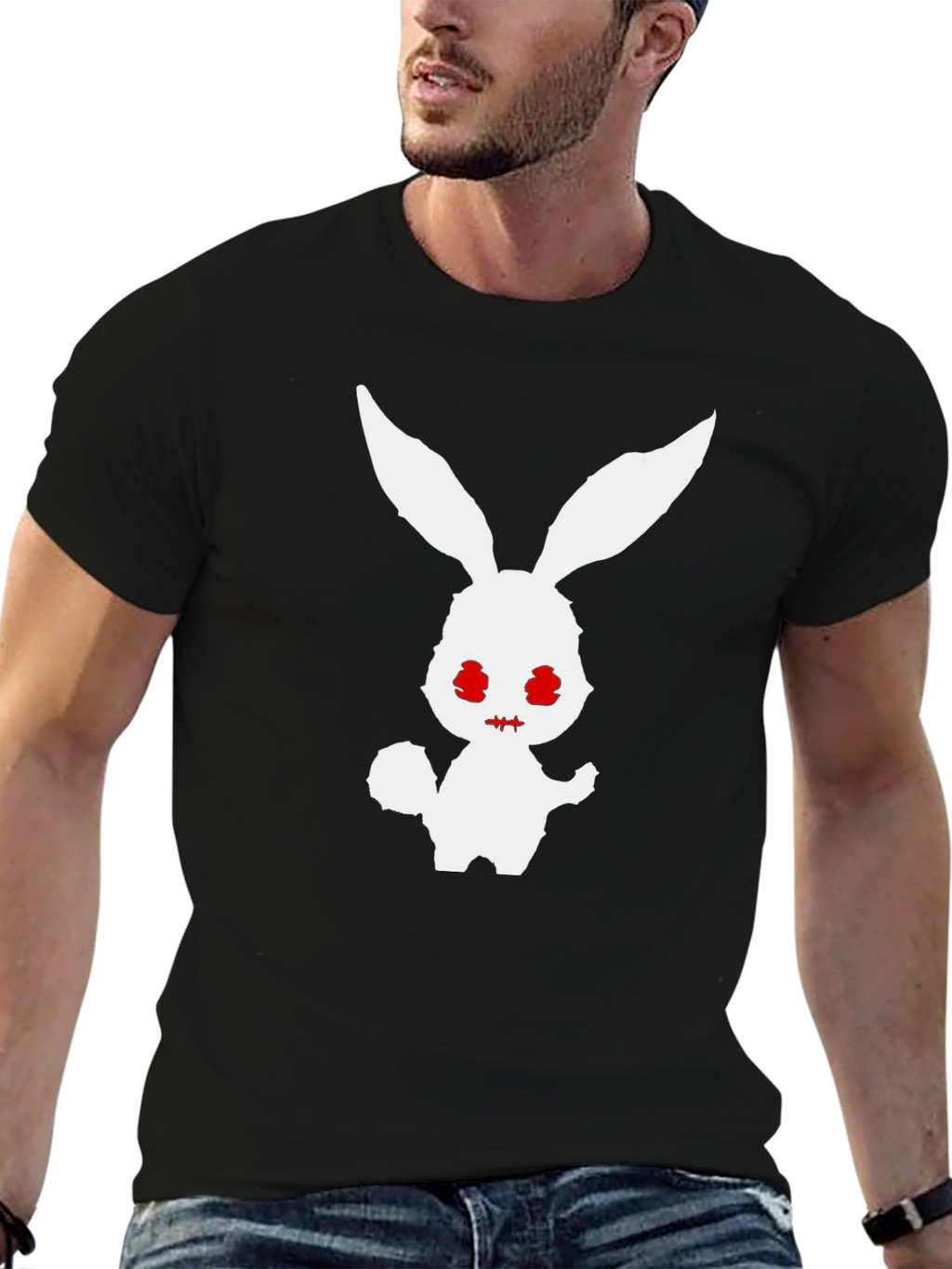 Mens Black T-Shirt with Spooky Rabbit Graphic