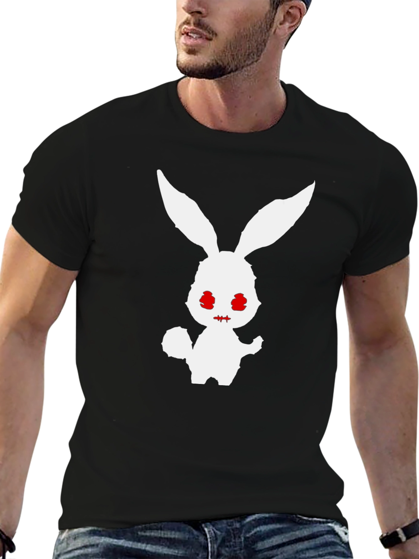 Mens Black T-Shirt with Spooky Rabbit Graphic