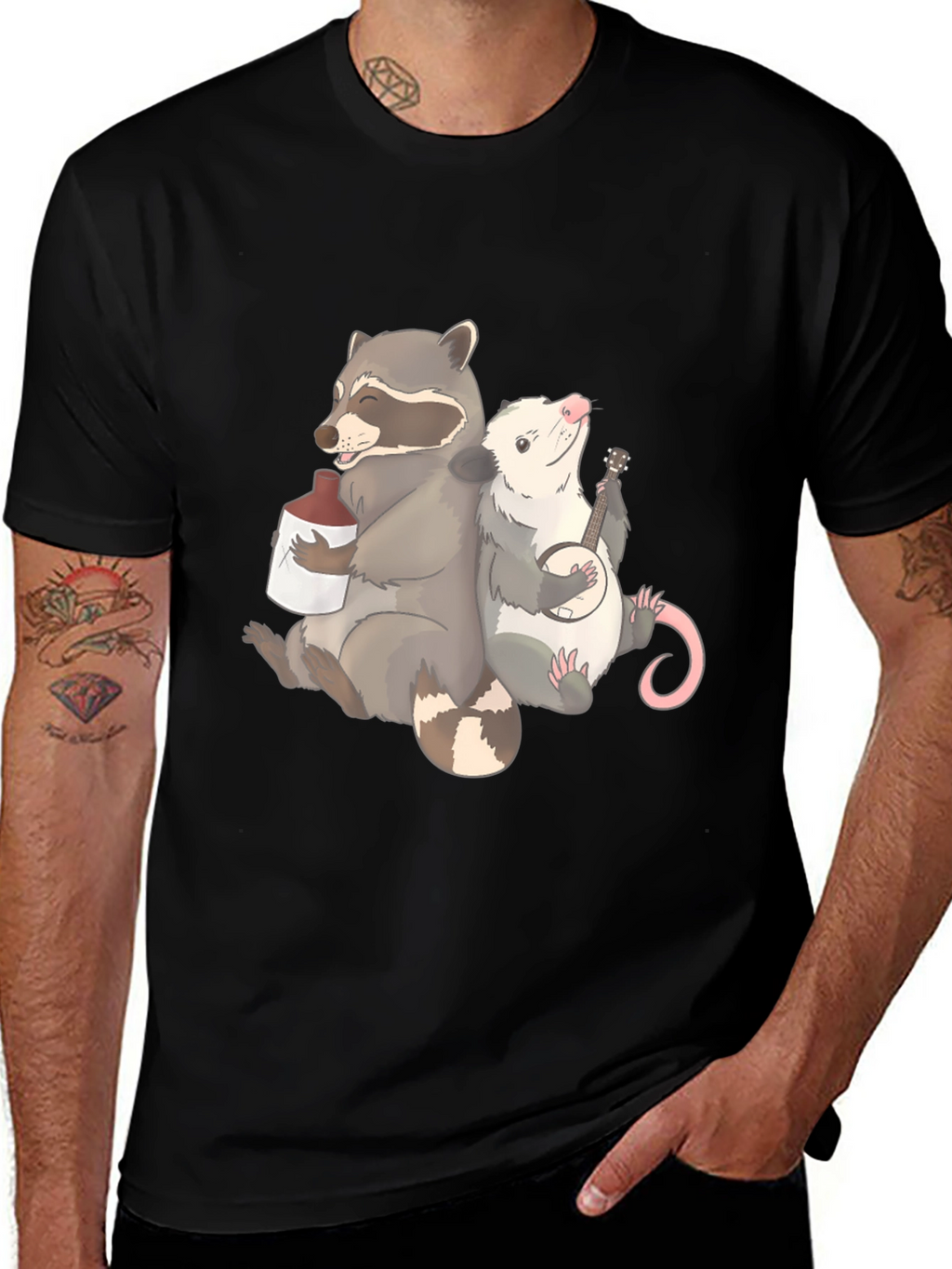 Raccoon & Opossum Drinking Buddies Graphic T-Shirt