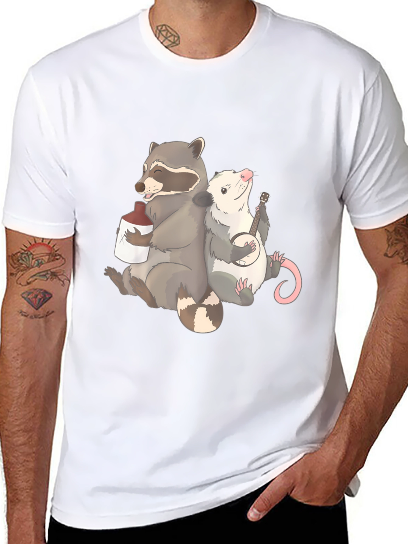 Raccoon & Opossum Drinking Buddies Graphic T-Shirt