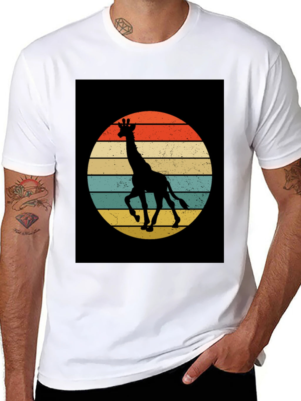 Retro Giraffe Sunset Graphic Tee - Black