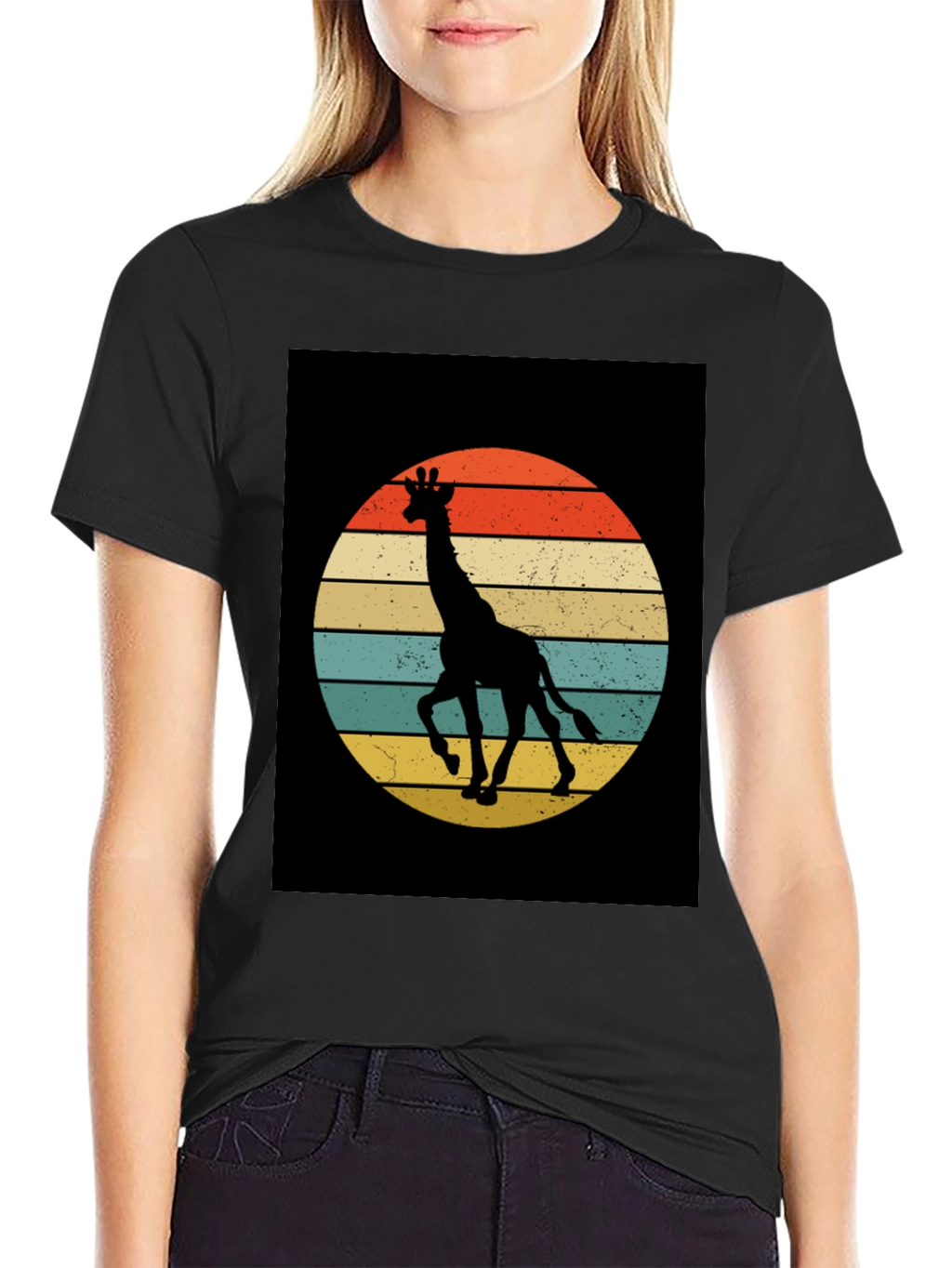 Retro Giraffe Sunset Graphic Tee - Black