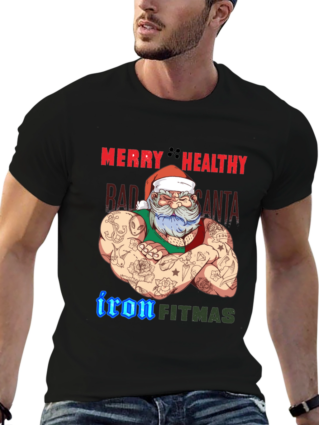 Merry Healthy Iron Fitmas Santa T-Shirt
