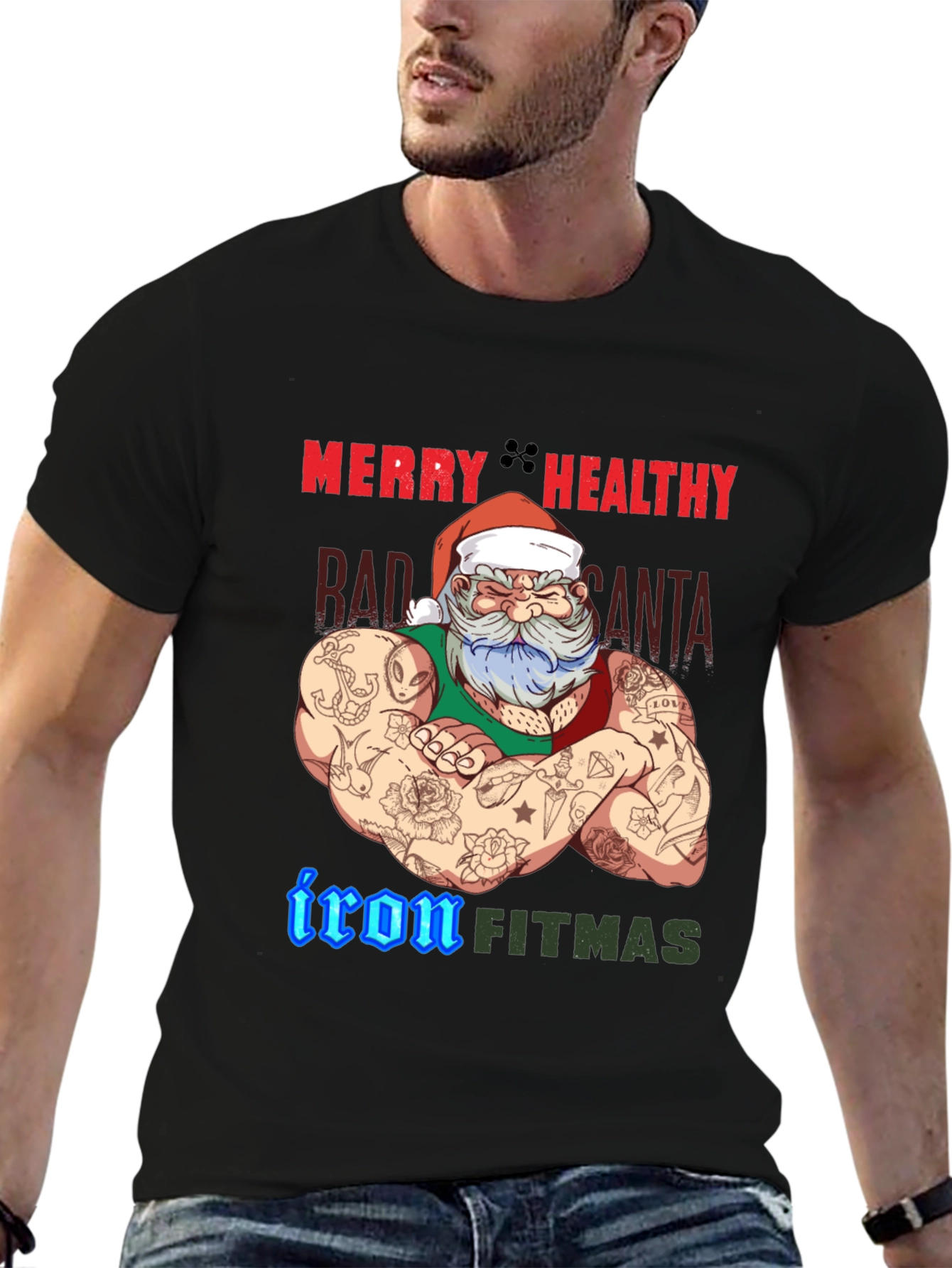 Merry Healthy Iron Fitmas Santa T-Shirt