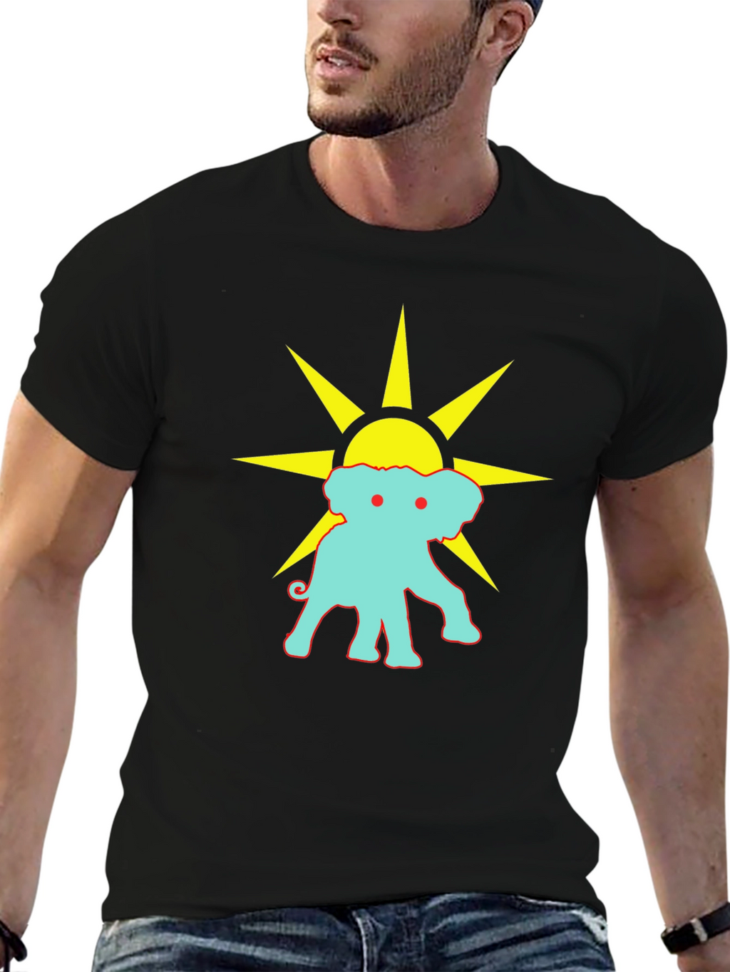 Black Graphic Tee: Elephant Sun Design