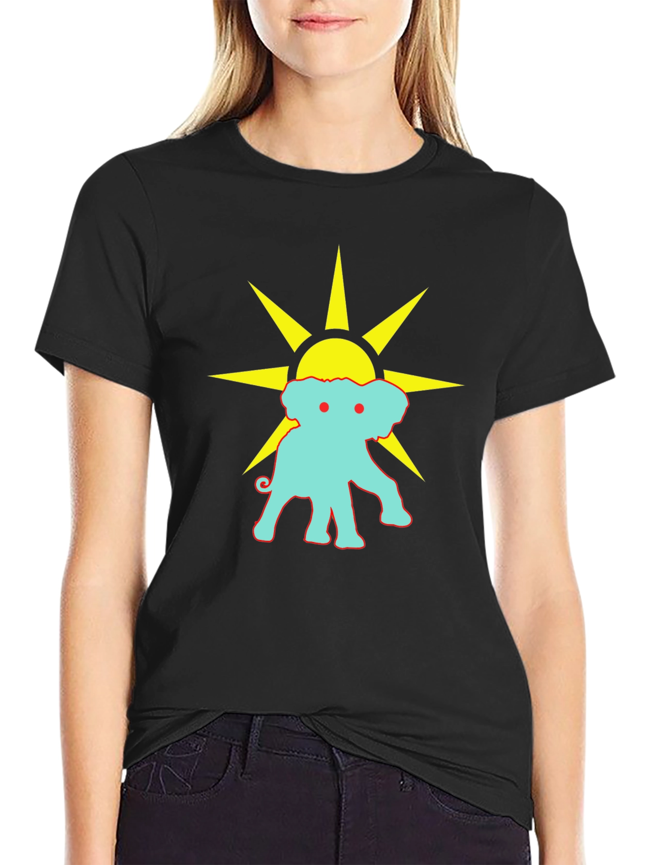 Black Graphic Tee: Elephant Sun Design