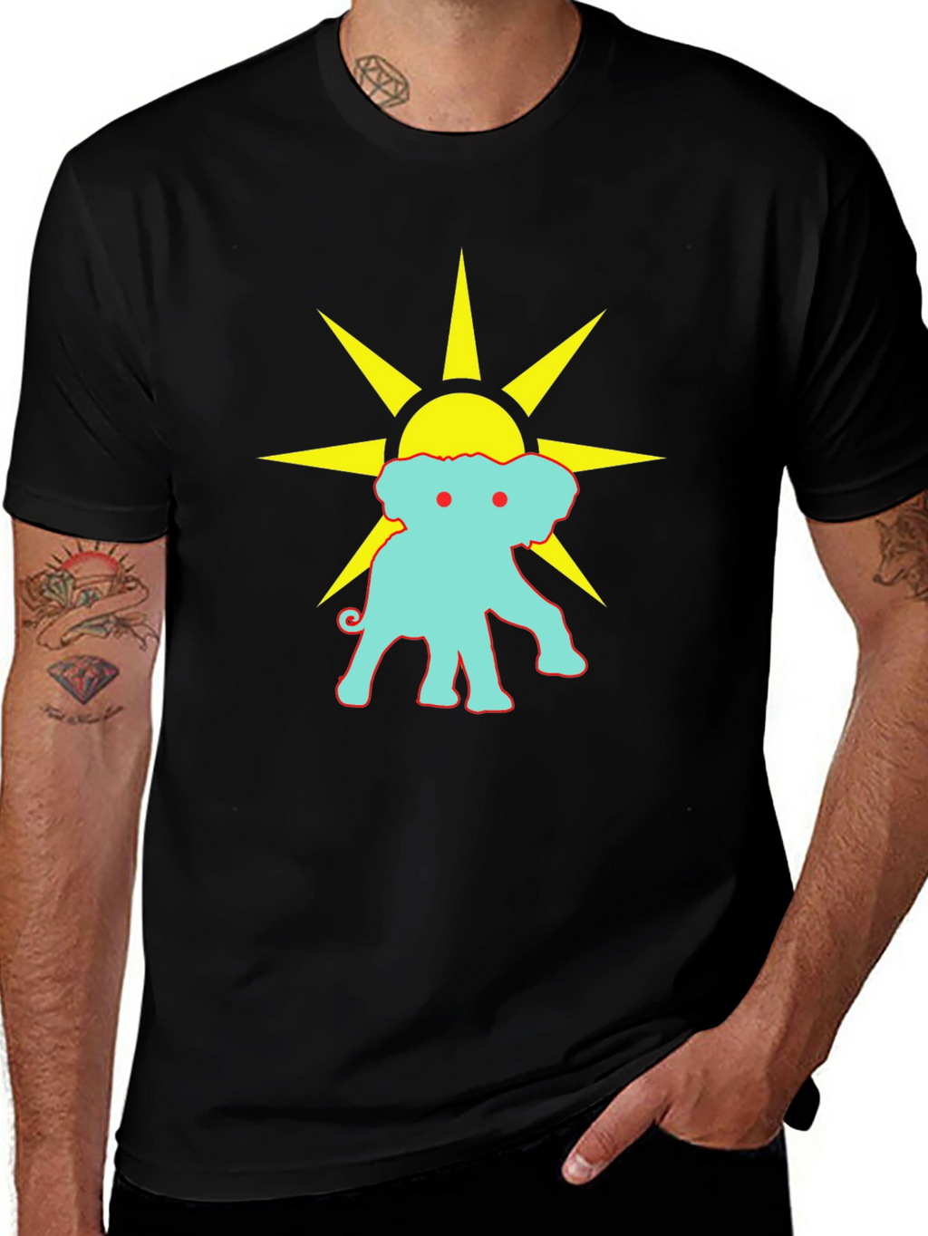 Black Graphic Tee: Elephant Sun Design