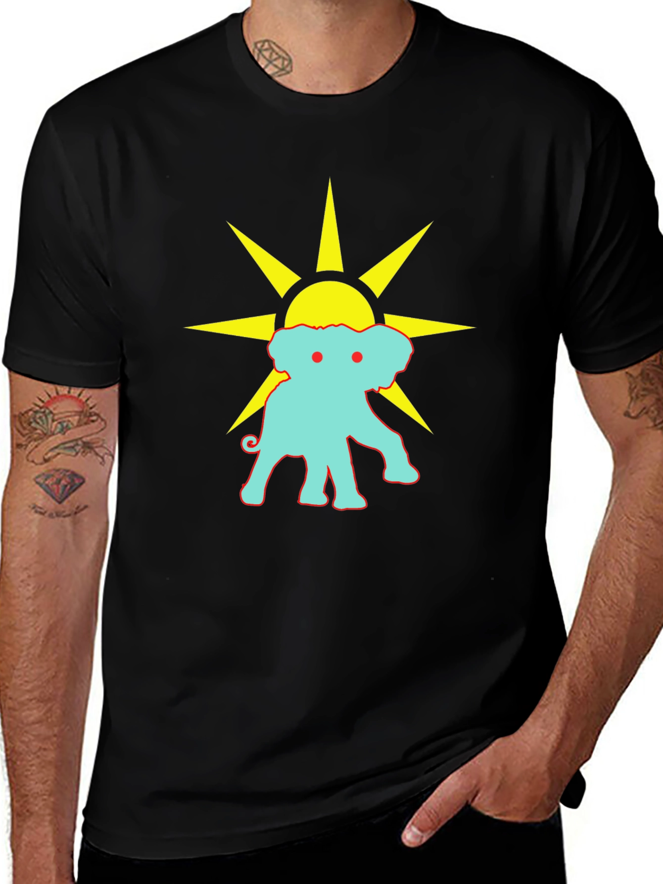 Black Graphic Tee: Elephant Sun Design