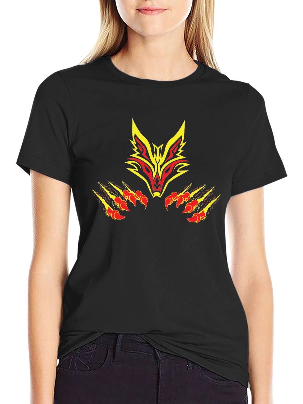Black Tee with Tribal Fox Design