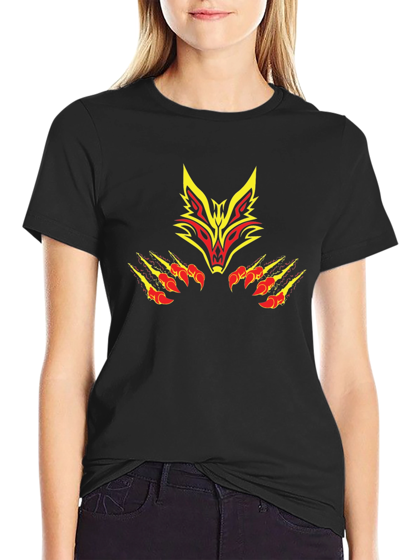 Black Tee with Tribal Fox Design