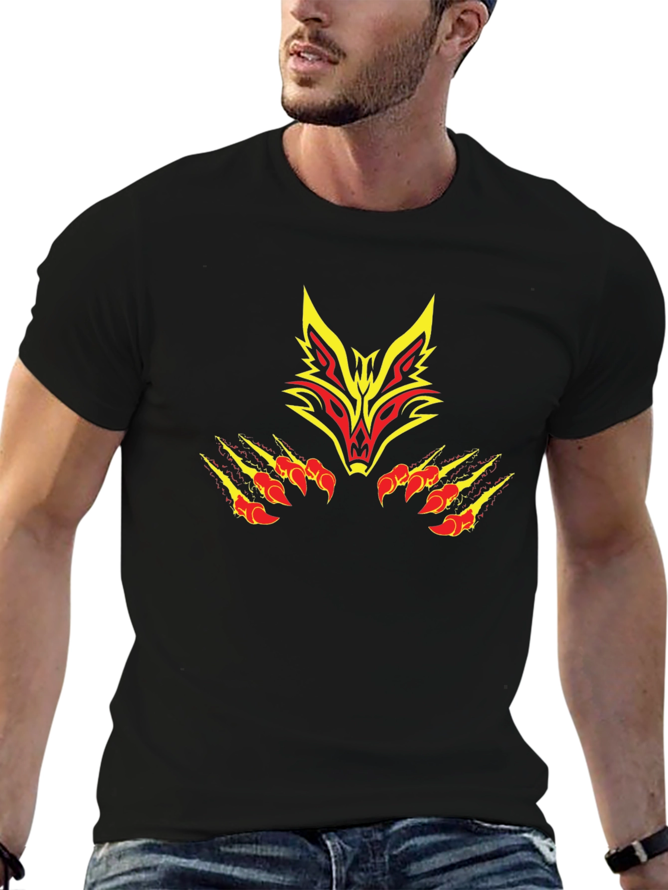 Black Tee with Tribal Fox Design