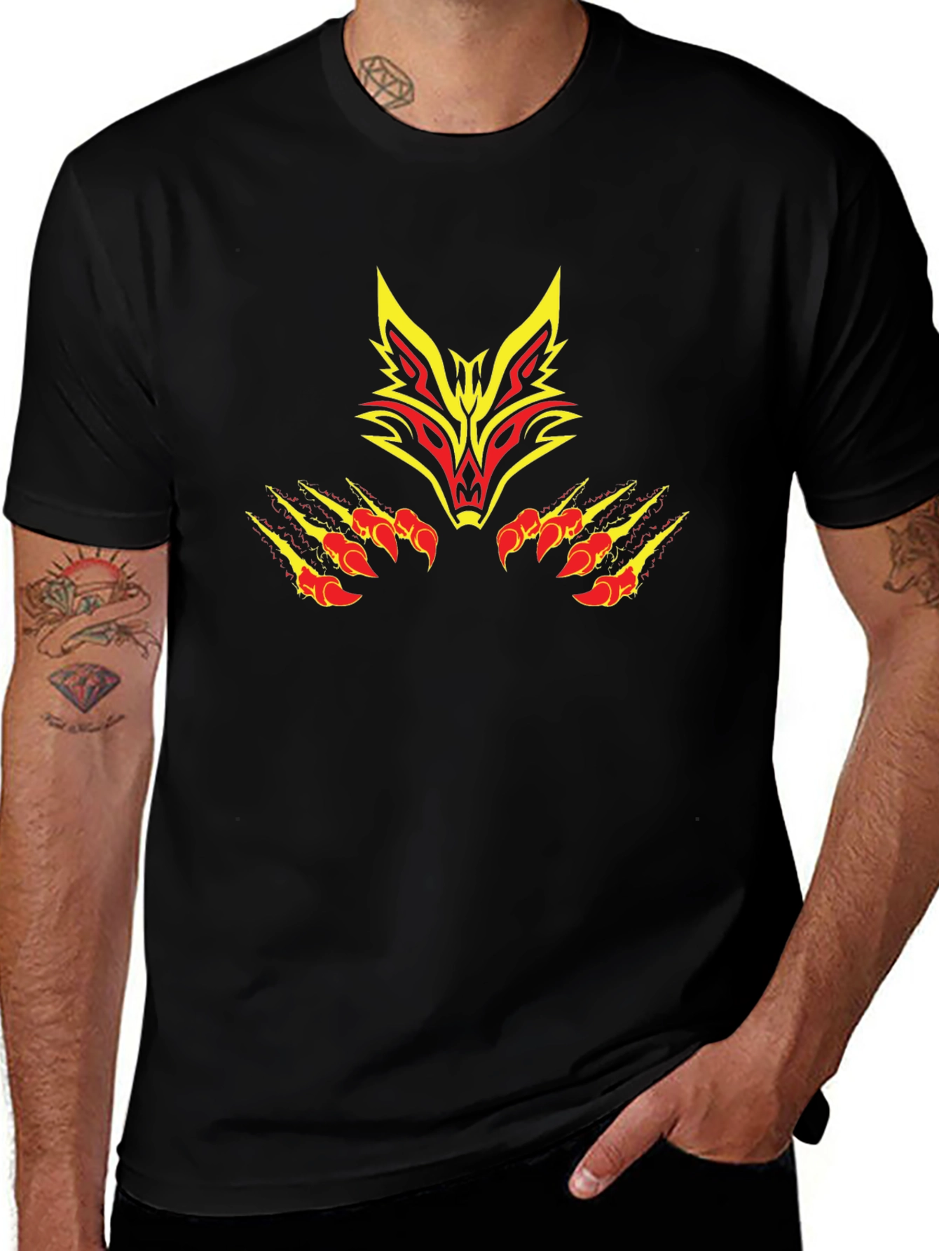 Black Tee with Tribal Fox Design