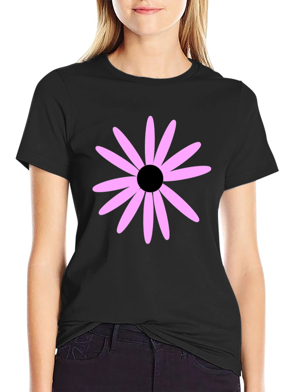 Black T-Shirt with Pink Flower Graphic