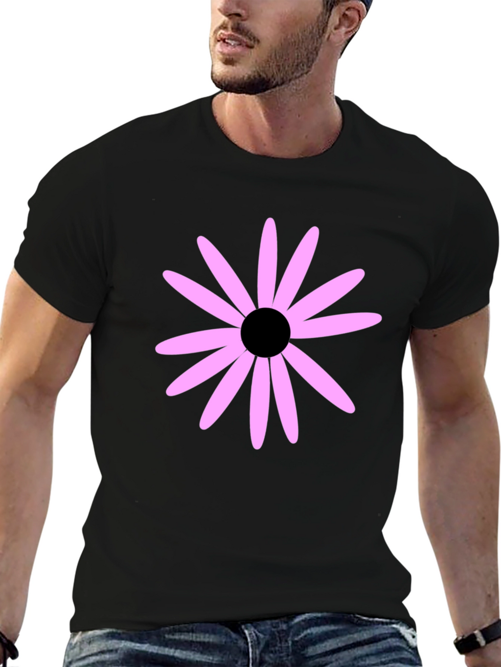Black T-Shirt with Pink Flower Graphic