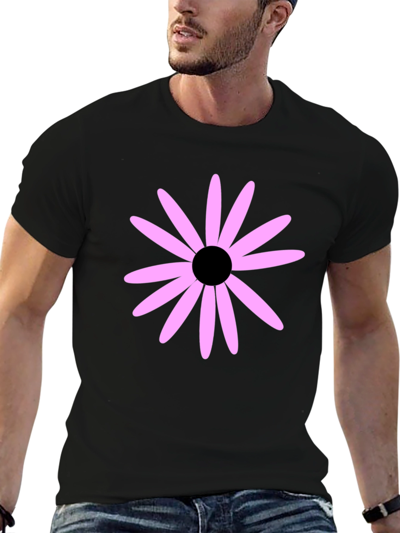Black T-Shirt with Pink Flower Graphic