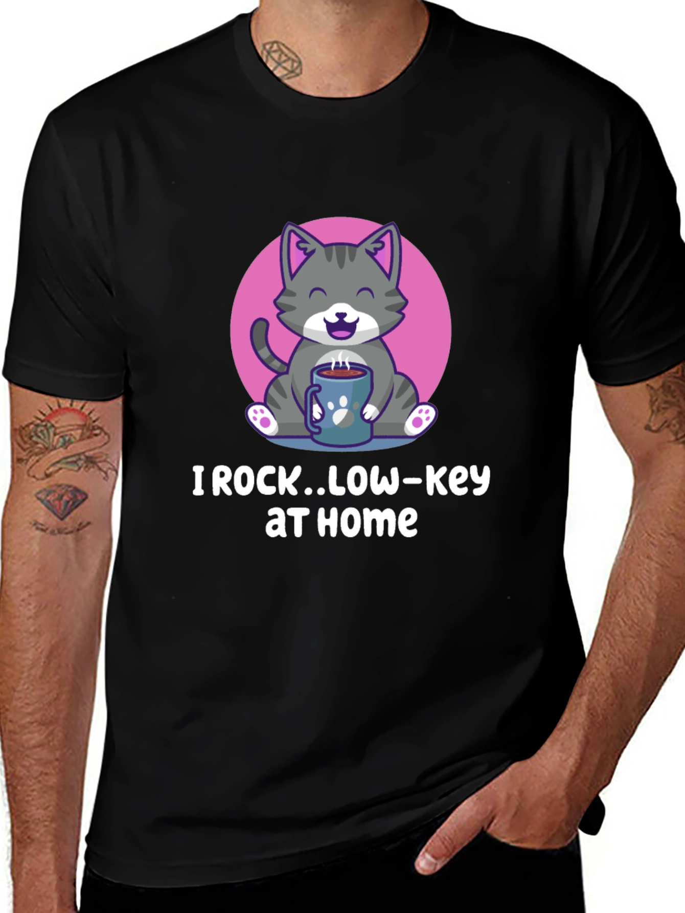 I Rock Low-Key at Home T-Shirt - Cute Cat Graphic Tee