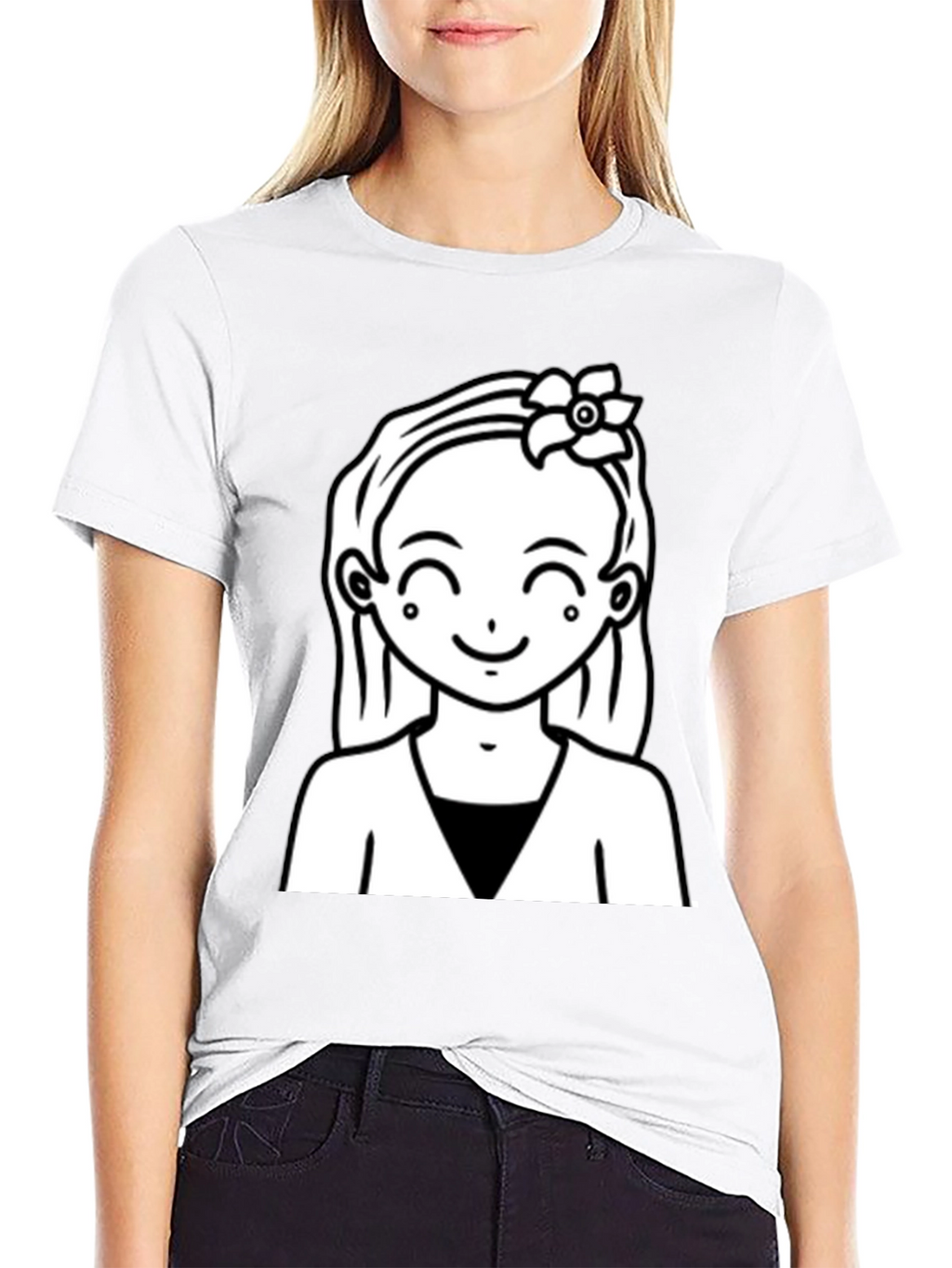 Cute Girl Graphic Tee - Black Cotton Casual Wear