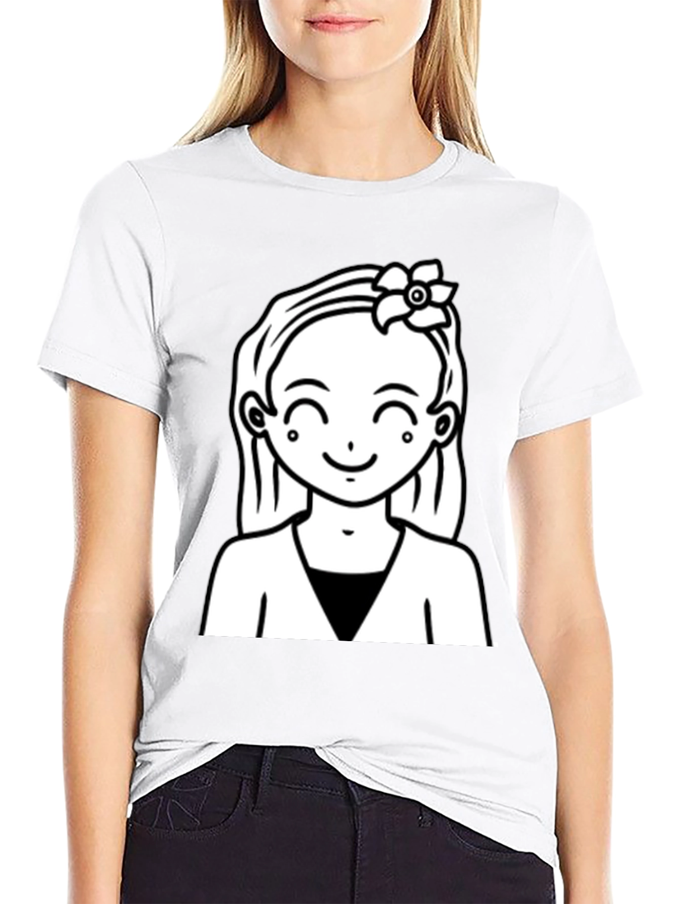 Cute Girl Graphic Tee - Black Cotton Casual Wear