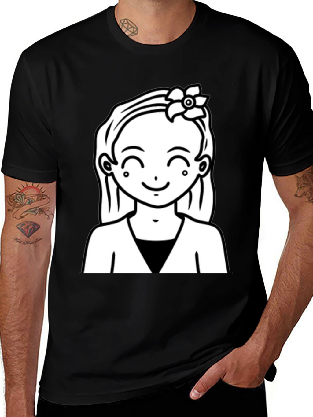 Cute Girl Graphic Tee - Black Cotton Casual Wear