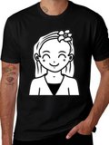 Cute Girl Graphic Tee - Black Cotton Casual Wear
