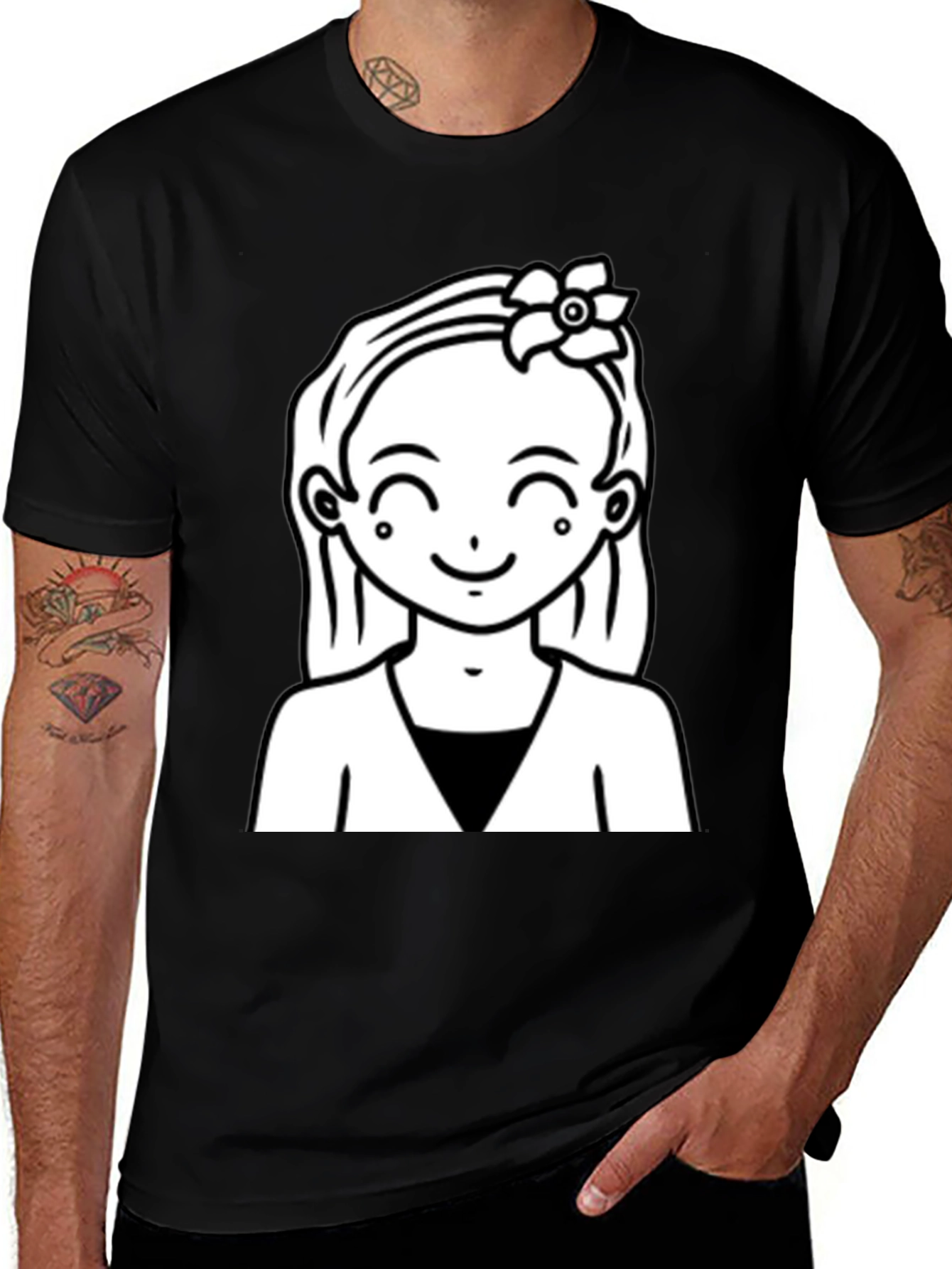 Cute Girl Graphic Tee - Black Cotton Casual Wear
