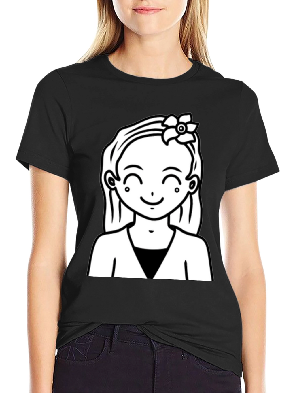 Cute Girl Graphic Tee - Black Cotton Casual Wear
